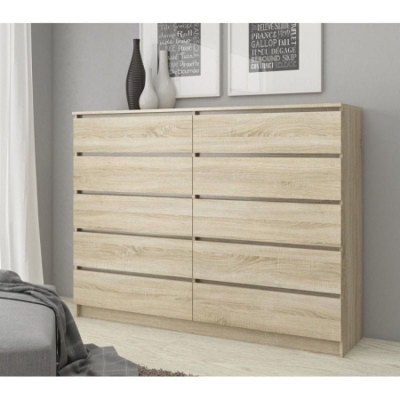 Komoda do sypialni, STILO, 10 szuflad, 140x40x121 cm, dąb sonoma, mat