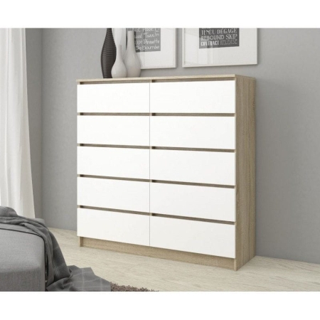 Komoda do sypialni, STILO, 10 szuflad, 140x40x121 cm, dąb sonoma, biel, mat