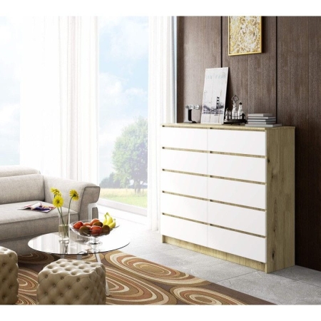 Komoda do sypialni, STILO, 10 szuflad, 140x40x121 cm, dąb artisan, biel, mat