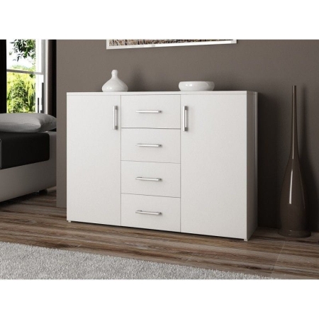 Komoda do sypialni, drzwi, 4 szuflady, LENA, 110x35x80 cm, biel, mat