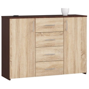 Komoda do sypialni, drzwi, 4 szuflady, LENA, 110x35x80 cm, wenge, dąb sonoma, mat
