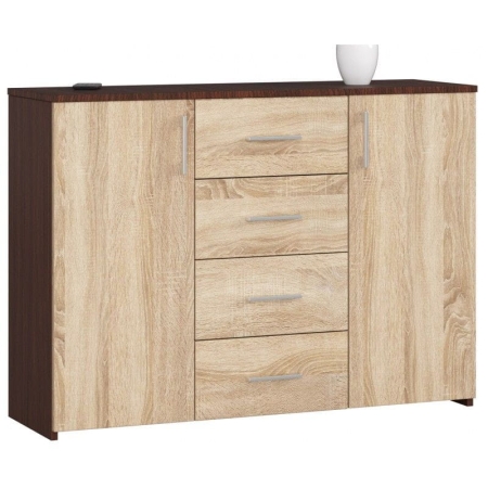 Komoda do sypialni, drzwi, 4 szuflady, LENA, 110x35x80 cm, wenge, dąb sonoma, mat