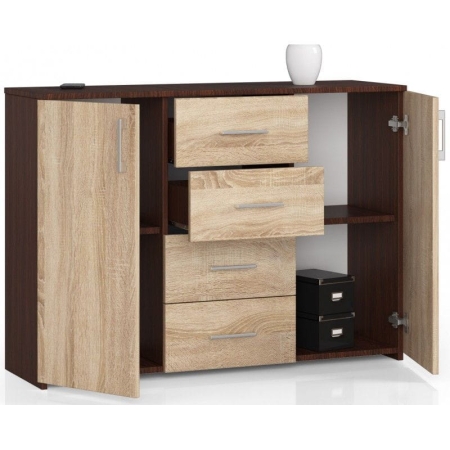 Komoda do sypialni, drzwi, 4 szuflady, LENA, 110x35x80 cm, wenge, dąb sonoma, mat