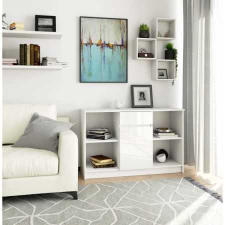 Komoda otwarta, drzwi, szuflada, ELIO, 120x40x77 cm, biel, połysk