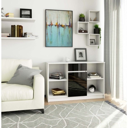 Komoda otwarta, drzwi, szuflada, ELIO, 120x40x77 cm, biel, czarny, połysk