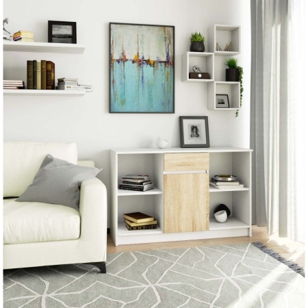 Komoda otwarta, drzwi, szuflada, ELIO, 120x40x77 cm, biel, dąb sonoma, mat