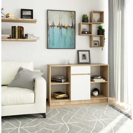 Komoda otwarta, drzwi, szuflada, ELIO, 120x40x77 cm, dąb sonoma, biel, mat