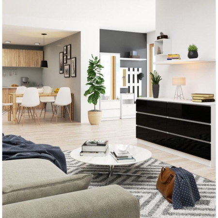 Komoda do sypialni, STILO, 6 szuflad, 160x40x77 cm, biel, czarny, połysk