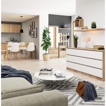 Komoda do sypialni, STILO, 6 szuflad, 160x40x77 cm, dąb sonoma, biel, mat