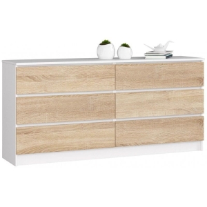 Komoda do sypialni, STILO, 6 szuflad, 160x40x77 cm, biel, dąb sonoma, mat