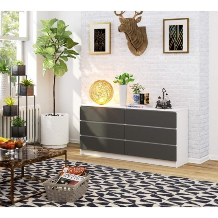 Komoda do sypialni, STILO, 6 szuflad, 160x40x77 cm, biel, grafit szary, mat