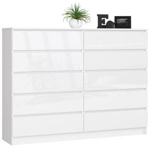 Komoda do sypialni, 10 szuflad, STILO, 160x40x121 cm, biel, połysk