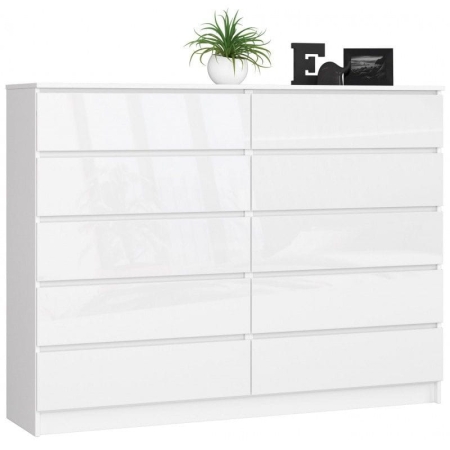Komoda do sypialni, 10 szuflad, STILO, 160x40x121 cm, biel, połysk