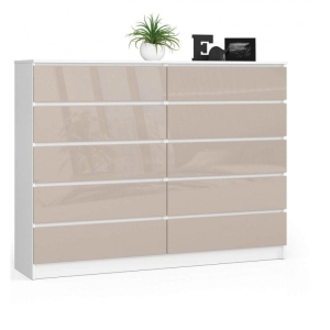 Komoda do sypialni, 10 szuflad, STILO, 160x40x121 cm, biel, cappuccino, połysk