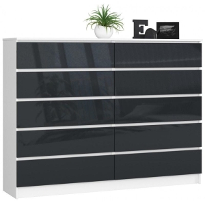 Komoda do sypialni, 10 szuflad, STILO, 160x40x121 cm, biel, grafit, połysk