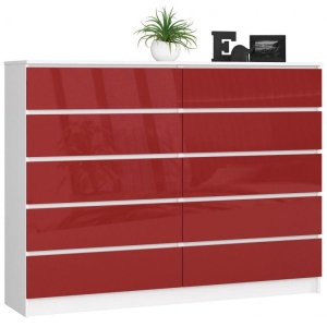 Komoda do sypialni, 10 szuflad, STILO, 160x40x121 cm, biel, czerwony, połysk