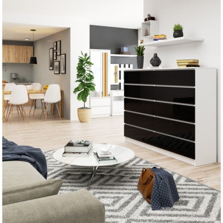 Komoda do sypialni, 10 szuflad, STILO, 160x40x121 cm, biel, czarny, połysk