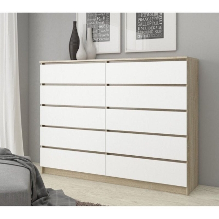 Komoda do sypialni, 10 szuflad, STILO, 160x40x121 cm, dąb sonoma, biel, mat