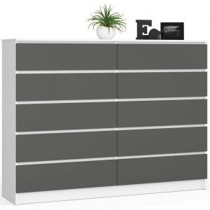 Komoda do sypialni, 10 szuflad, STILO, 160x40x121 cm, biel, grafit szary, mat