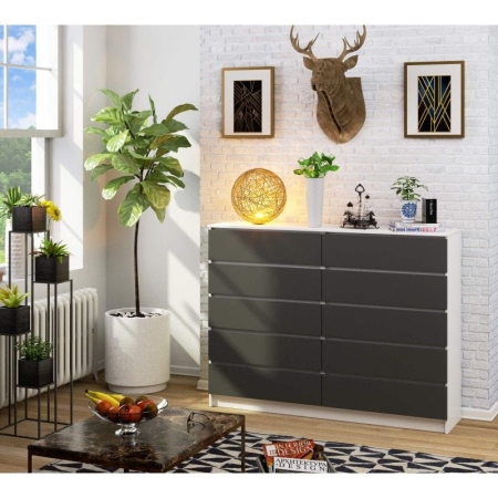 Komoda do sypialni, 10 szuflad, STILO, 160x40x121 cm, biel, grafit szary, mat