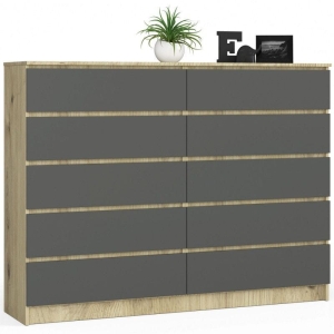 Komoda do sypialni, 10 szuflad, STILO, 160x40x121 cm, dąb artisan, grafit szary, mat