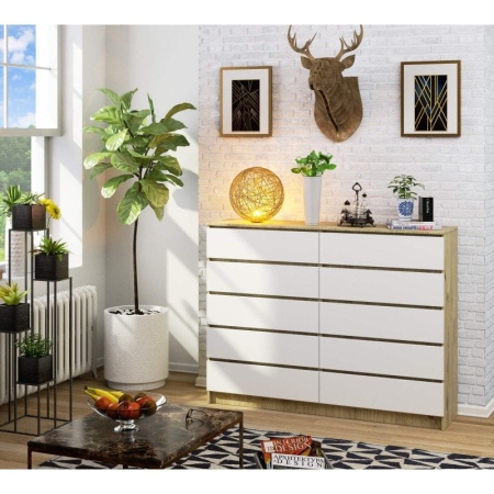 Komoda do sypialni, 10 szuflad, STILO, 160x40x121 cm, dąb artisan, biel, mat