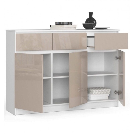 Komoda, 3 szuflady, 3 drzwi, ATLAS, 140x40x99 cm, biel, cappuccino, połysk