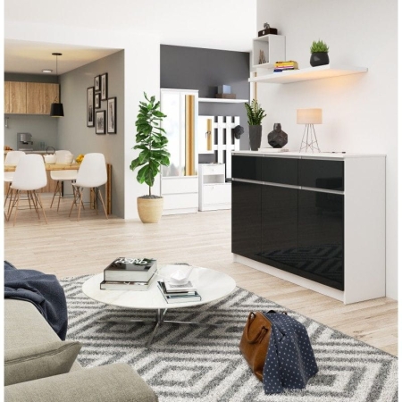 Komoda, 3 szuflady, 3 drzwi, ATLAS, 140x40x99 cm, biel, grafit, połysk