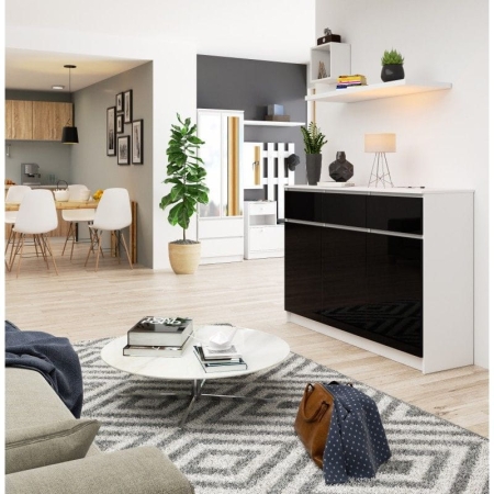 Komoda, 3 szuflady, 3 drzwi, ATLAS, 140x40x99 cm, biel, czarny, połysk