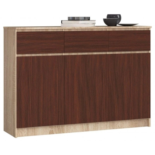Przejdź do produktu Komoda, 3 szuflady, 3 drzwi, ATLAS, 140x40x99 cm, dąb sonoma, wenge, mat
