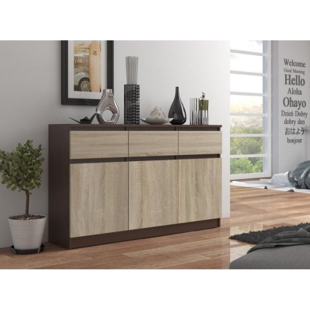 Komoda, 3 szuflady, 3 drzwi, ATLAS, 140x40x99 cm, wenge, dąb sonoma, mat