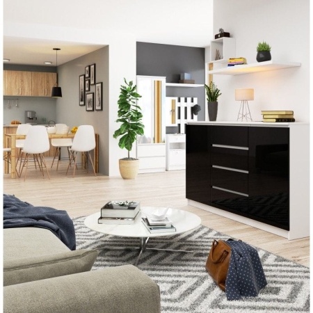 Komoda do sypialni, 4 szuflady, półki, CANTO, 160x40x99 cm, biel, czarny, połysk