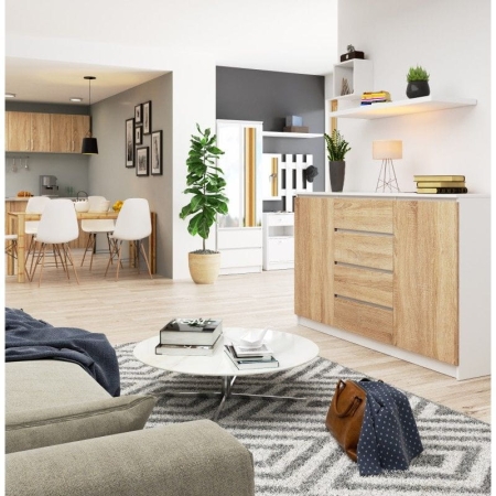 Komoda do sypialni, 4 szuflady, półki, CANTO, 160x40x99 cm, biel, dąb sonoma, mat