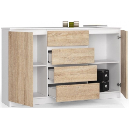 Komoda do sypialni, 4 szuflady, półki, CANTO, 160x40x99 cm, biel, dąb sonoma, mat