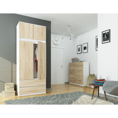 Szafa do sypialni, nadstawka, DORMI, 90x51x234 cm, biel, dąb sonoma, mat