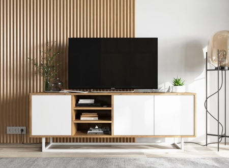 Szafka RTV, loft, NORD, 150x35x53 cm, dąb wotan, biel, mat