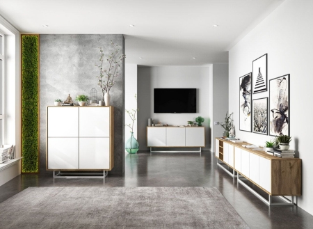 Szafka RTV, loft, NORD, 150x35x53 cm, dąb wotan, biel, mat