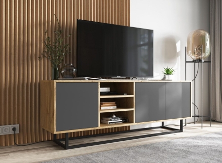 Szafka RTV, loft, NORD, 150x35x53 cm, dąb wotan, grafit, mat