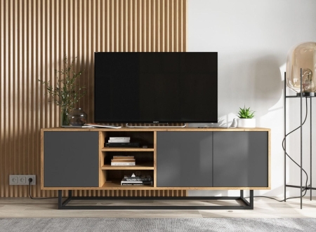 Szafka RTV, loft, NORD, 150x35x53 cm, dąb wotan, grafit, mat
