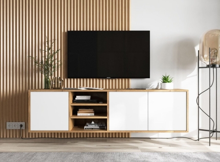 Szafka RTV, wisząca, NORD, 150x35x39 cm, dąb wotan, biel, mat