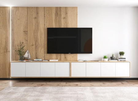 Szafka RTV, wisząca, NORD, 150x35x39 cm, dąb wotan, biel, mat