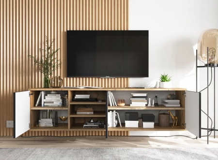 Szafka RTV, wisząca, NORD, 150x35x39 cm, dąb wotan, czarny, mat