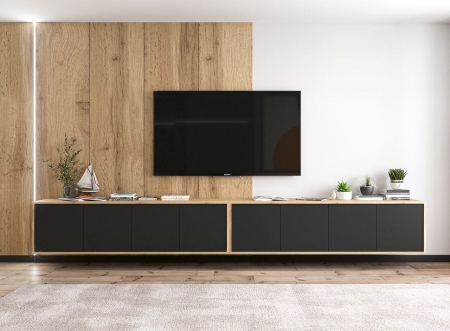Szafka RTV, wisząca, NORD, 150x35x39 cm, dąb wotan, czarny, mat
