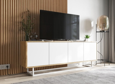 Komoda RTV, loft, NORD, 150x35x53 cm, dąb wotan, biel, mat