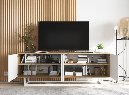 Komoda RTV, loft, NORD, 150x35x53 cm, dąb wotan, biel, mat