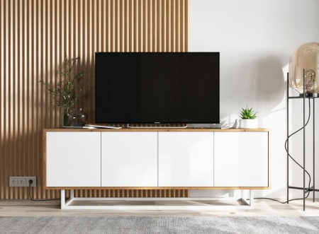 Komoda RTV, loft, NORD, 150x35x53 cm, dąb wotan, biel, mat