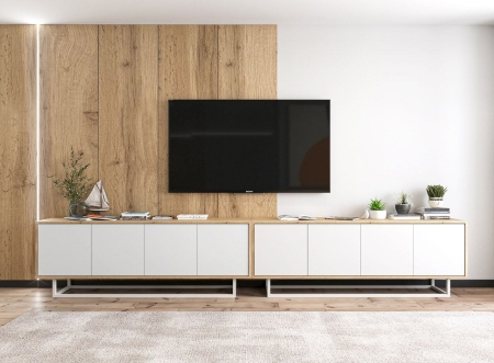 Komoda RTV, loft, NORD, 150x35x53 cm, dąb wotan, biel, mat