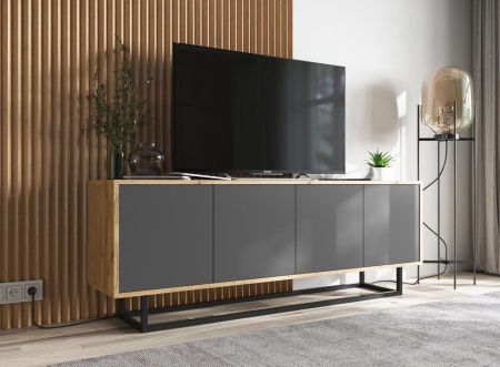 Komoda RTV, loft, NORD, 150x35x53 cm, dąb wotan, grafit, mat