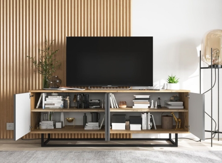 Komoda RTV, loft, NORD, 150x35x53 cm, dąb wotan, grafit, mat