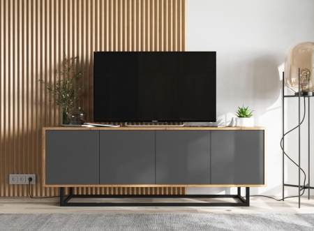 Komoda RTV, loft, NORD, 150x35x53 cm, dąb wotan, grafit, mat